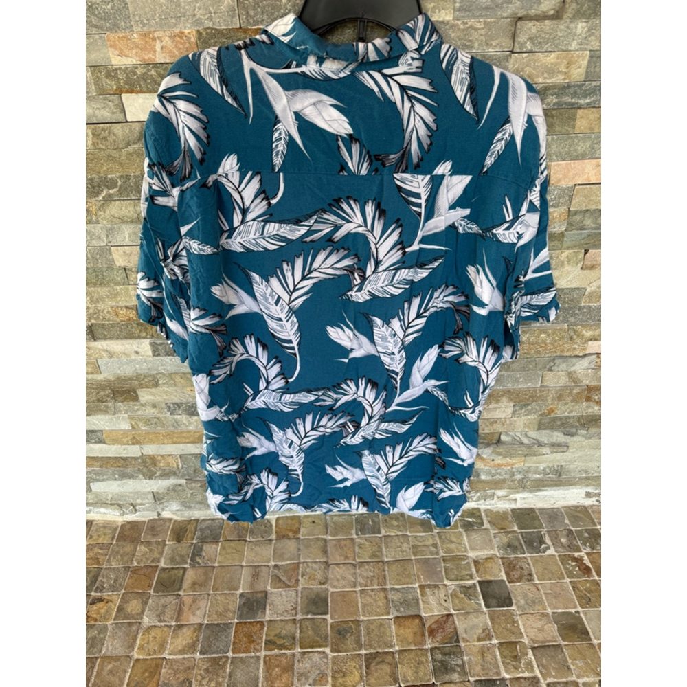 Men's Chispa Button Down Shirt XL Teal White Leaf Print Short Sleeve - Picture 4 of 4